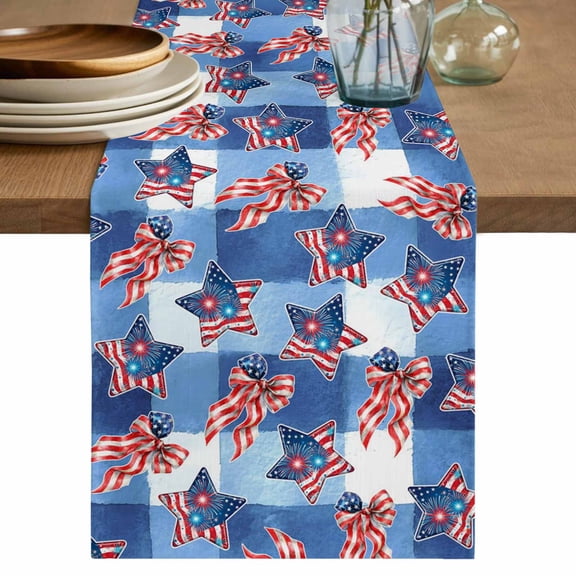 250th Anniversary Table Runner 48 Inches, 4th of July Blue Red Stars Bow Plaid Bed Runner Dresser Scarves Tabletop for Indoor Outdoor Parties/Ceremony/Banquet, 13" x 48"