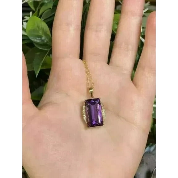2.20Ct Emerald Cut Lab Created Amethyst Pendant 14K Yellow Gold Plated 18"