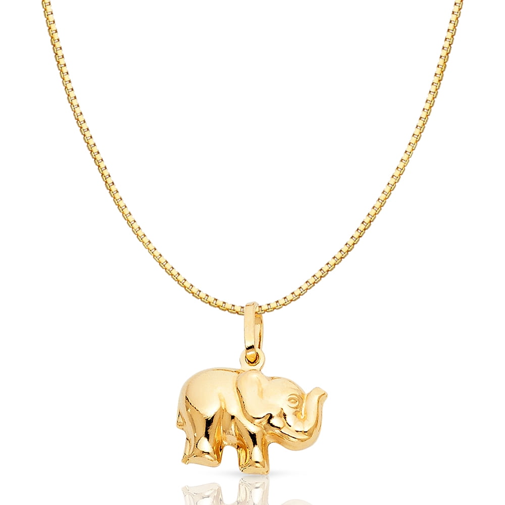 14K Yellow Gold Elephant Strength /& Luck Charm Pendant with 0.8mm Box Chain Necklace