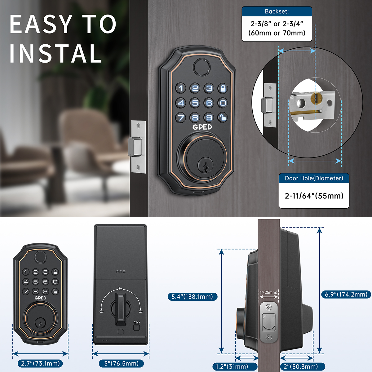 GPED Fingerprint Door Lock Keyless Entry Black photo 7