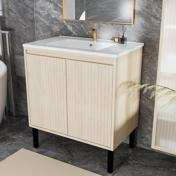 30" Bathroom Vanity with Sink, Freestanding Bathroom Storage Cabinet with 2 Soft-Close Doors, Undermount Rectangular Ceramic Sink, Assembly Required, Oak