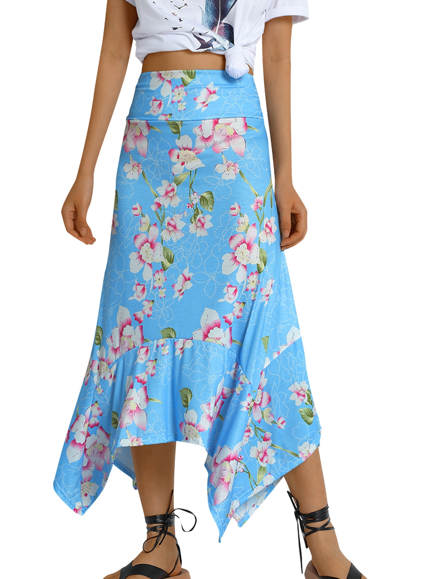 DONTAL Summer Womens Boho Floral Print Irregular Hem Vintage Wrinkle Ruffles Lace Long Skirt