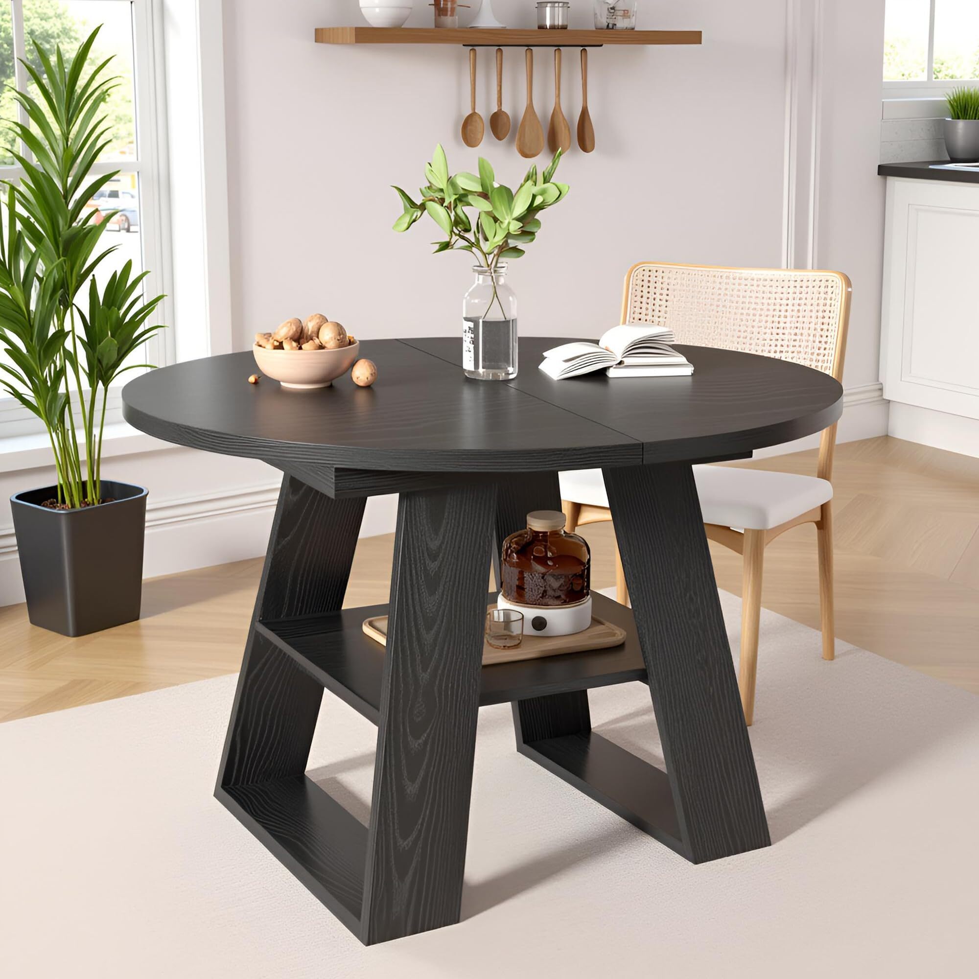 Fsbecl 43.3in-59in Extendable Round Dining Table for 4-8, Space Saving Kitchen Table with Storage Shelf Base, Black