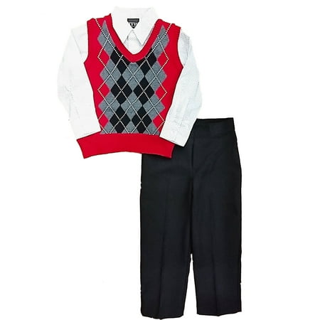 

Toddler Boys Red Sweater Vest Polka Dot Shirt & Black Pants Outfit Set 3T