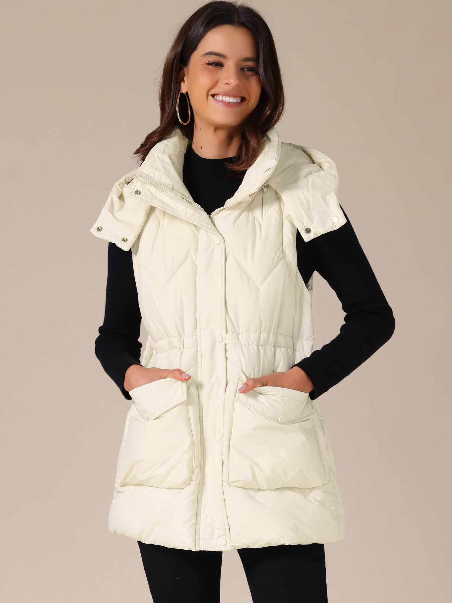 DARING DIVA Women's Puffer Vest Coat Hooded Zip Up Long Sleeveless Jacket S White