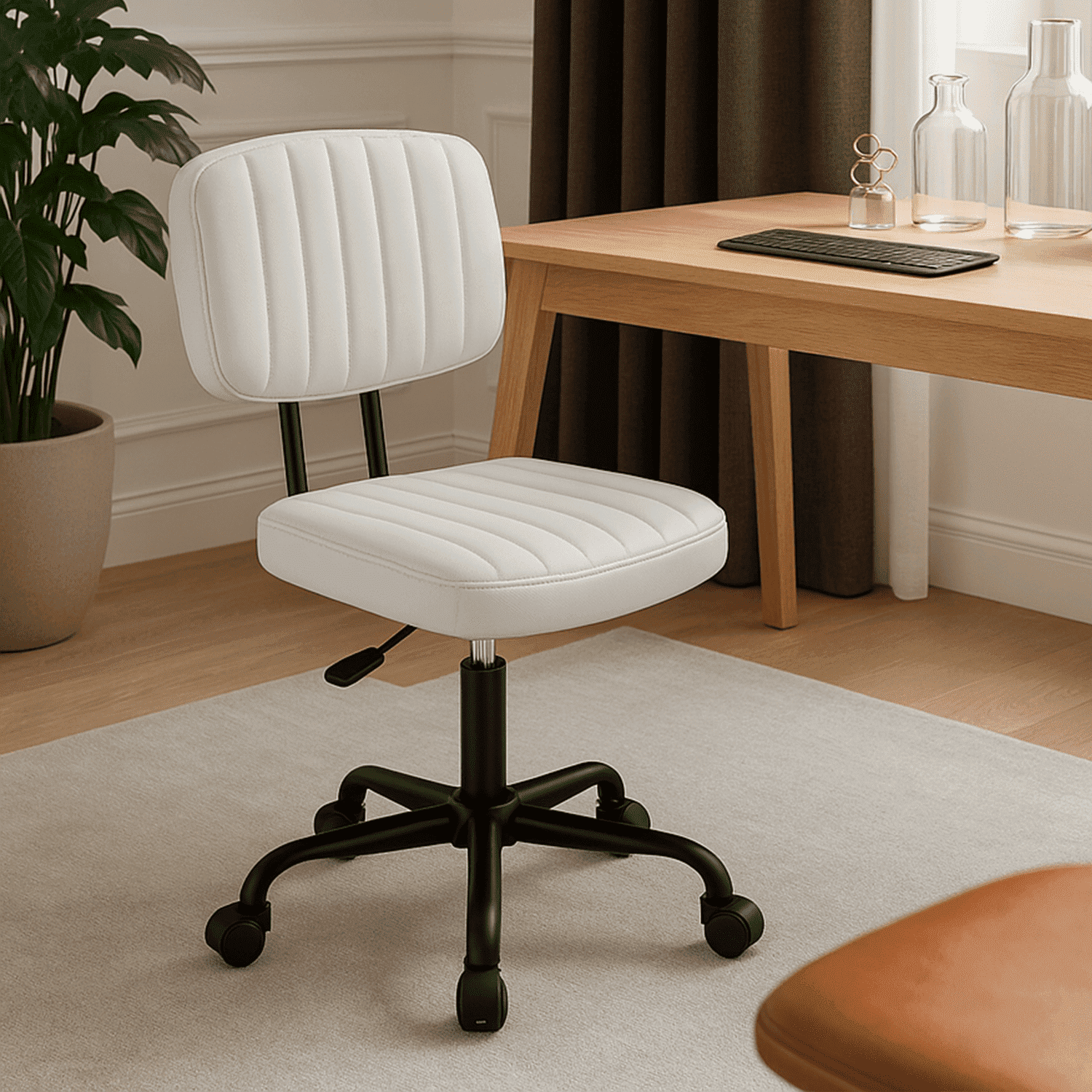 CONCETTA Ergonomic Home Office PU Leather Desk Chair, Small Space, Armless Rolling Chair for Adults, White