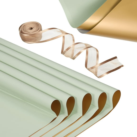 Uxcell 20 Sheets Flower Wrapping Paper with Ribbon 22.8" x 22.8" Pale Green/Gold Tone
