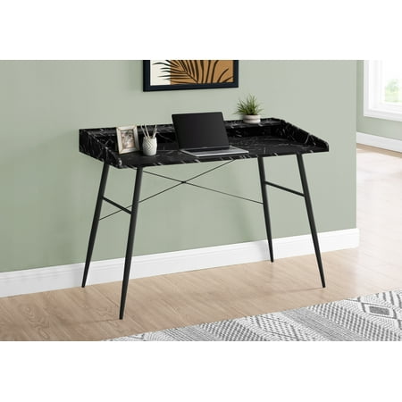 UPC: 0680796051952 | Computer Desk – Small Hutch / 2 Storage Cubbies / 1 Shelf – 48 L – Black Marble-Look / Black