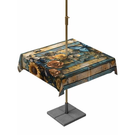 Square Outdoor Tablecloth with Umbrella Hole Yellow Flower Butterfly Outside Table Cloth Waterproof Patio Table Cover Teal Metal Striped Vintage Zipper Tablecloths for Picnic Party Camping 60x60 Inch