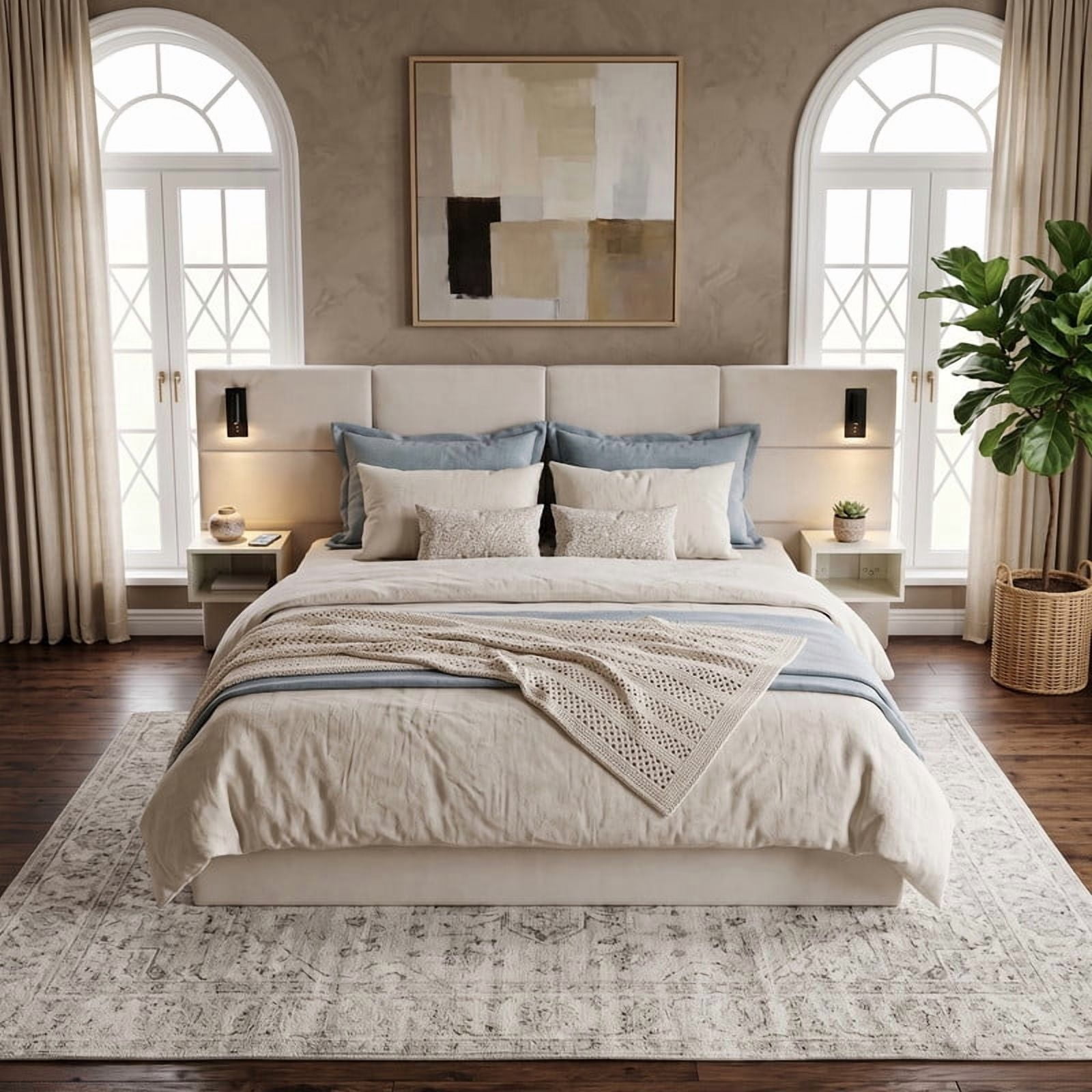 King Size Upholstered Bed Frame with 2 Reading Lights on Large Headboard, Storage Platform Bed Frame with 2 Open Shelves
