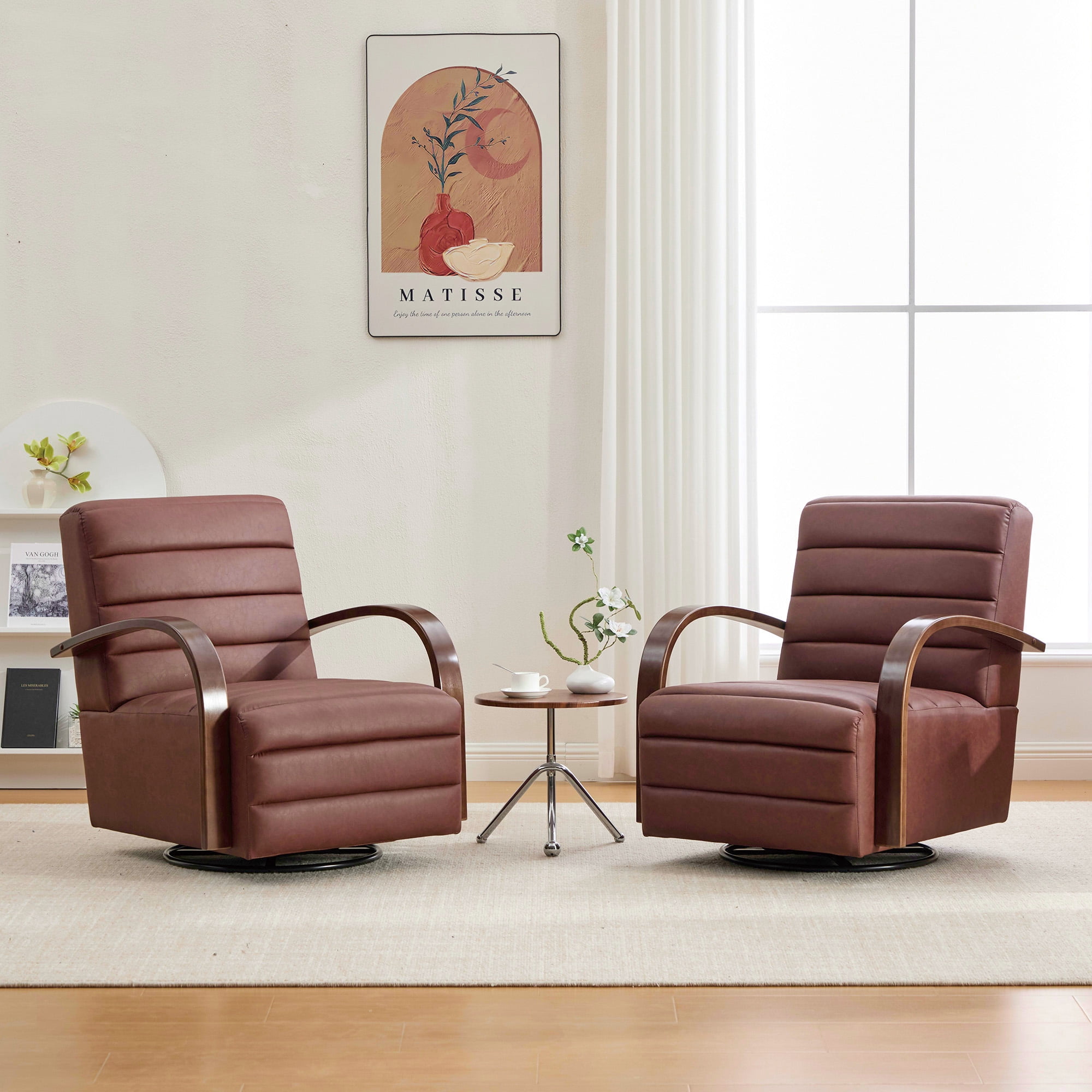 360° Swivel Accent Chair with Solid Wood Armrests,30.7"W PU Lounge Reading Chair Single Sofa Armchair for Bedroom Living Room Office,Brown
