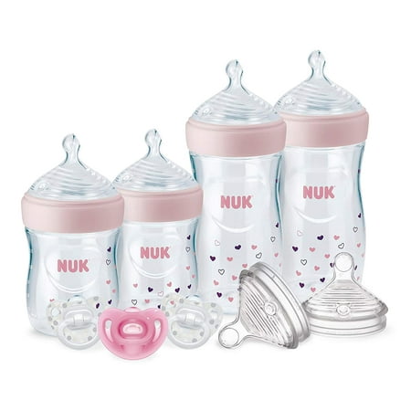 NUK Simply Natural Baby Bottles with SafeTemp Gift Set, Pink - Includes 4 Bottles, 3 Pacifiers, and 2 Replacement Bottle Nipples