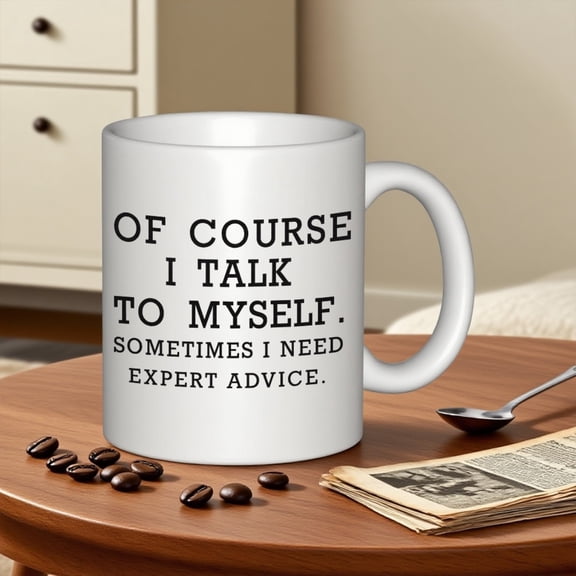 A Humorous Coffee Mug That Says, 'Of Course I Talk to Myself; Sometimes I Need Expert Advice.' It Features a Pink Marble Design And Holds 11 Ounces. This Ceramic Cup Is Hand Wash Only And Makes a Won