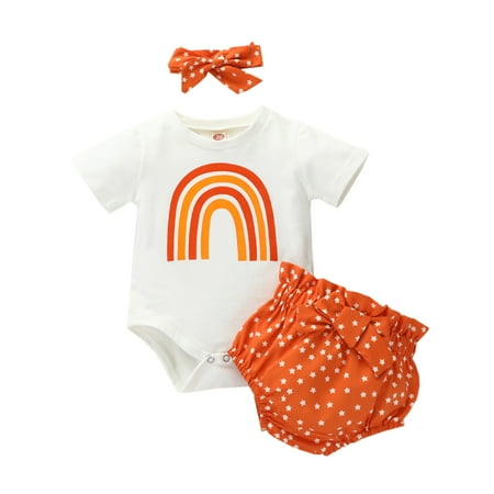 

EHTMSAK Infant Baby Toddler Girl 3PCS Outfits Short Sleeve Clothing Set Bodysuit and Bow Shorts Set Rainbow Summer with Headband Orange 3M-18M 80