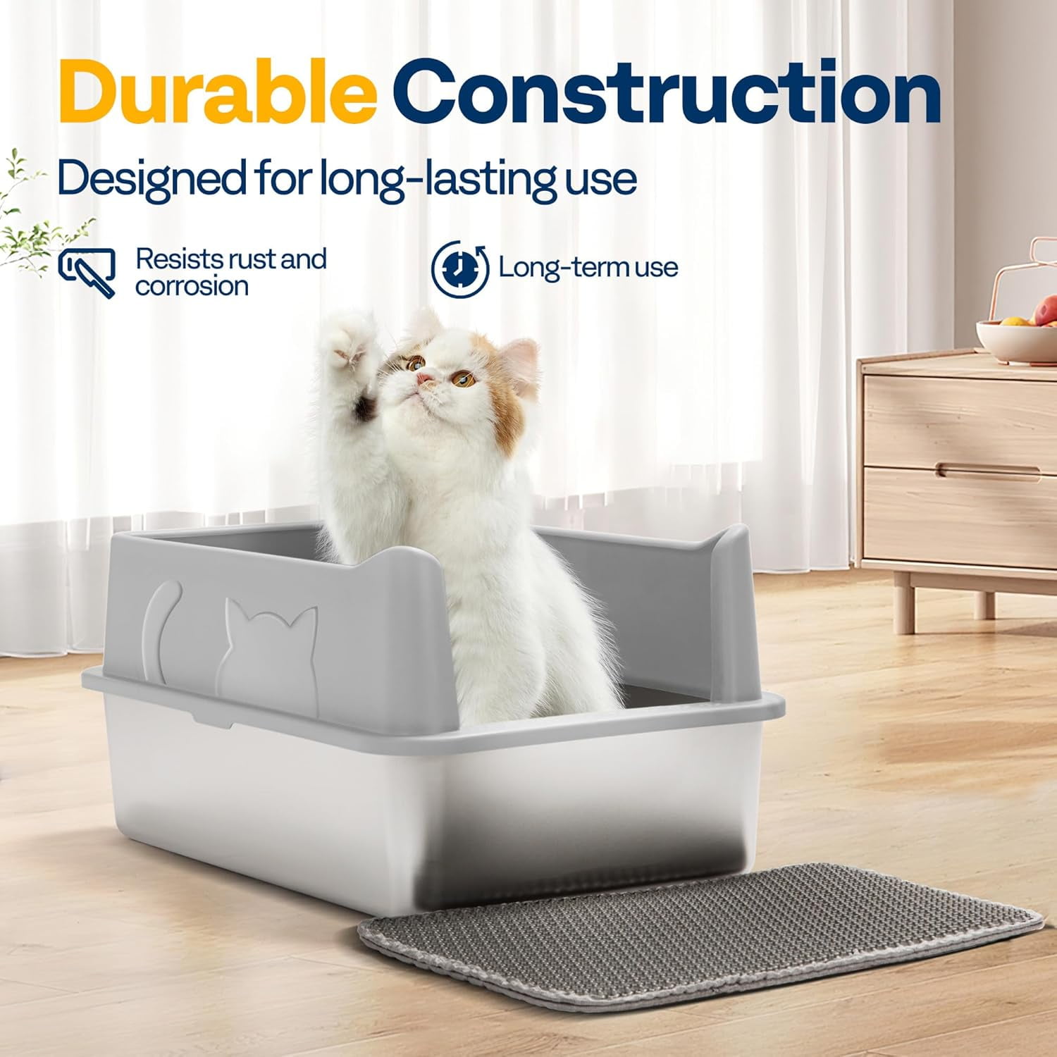 SPECSTAR Extra Large Stainless Steel Cat Litter Box, 23.6"x15.7" with Double Layer Litter Mat and Scoop, Light Gray
