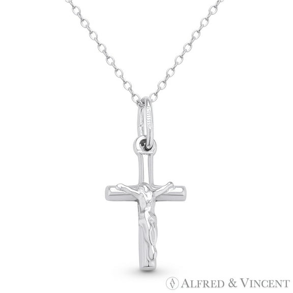 Jesus on Crucifix Catholic Latin Cross & Chain Necklace in .925 Sterling Silver w/ Rhodium