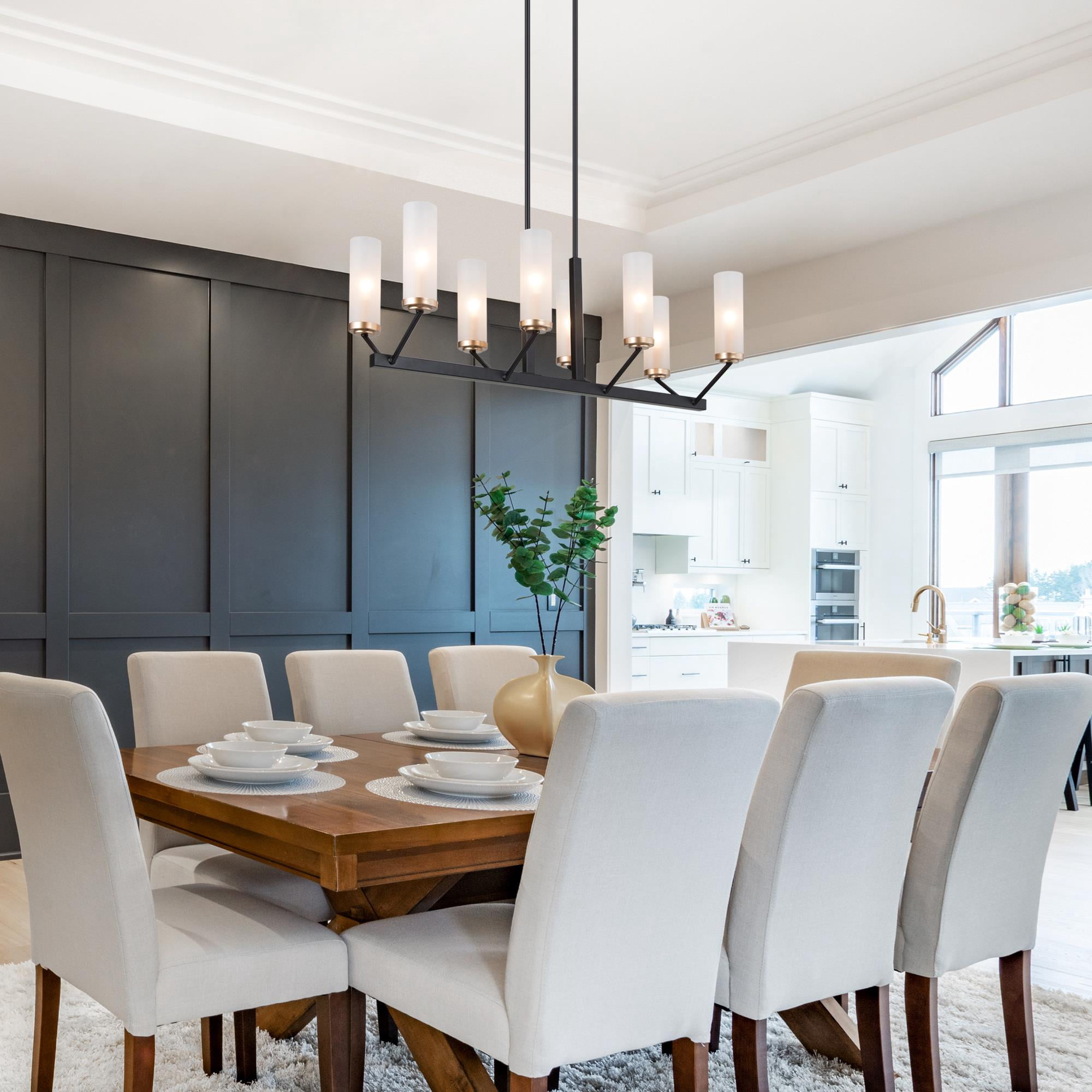 LNC 8-Light Black and Gold Linear LED Pendant with Frosted Glass for Kitchen Island