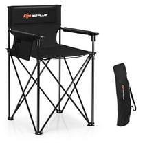 Folding Camping Chair, 38.5” Height Portable Tall Directors Chair with Storage Pouches, Detachable Armrests, Carrying Bag for Fishing, Picnic, Lawn, Black, 250LBS Weight Capacity
