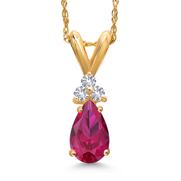 Gem Stone King 14K Yellow Gold Red Created Ruby and White Created Sapphire Pendant Necklace for Women | 1.09 Cttw | Gemstone July Birthstone | Pear Shape 7X5MM | With 18 inch Chain