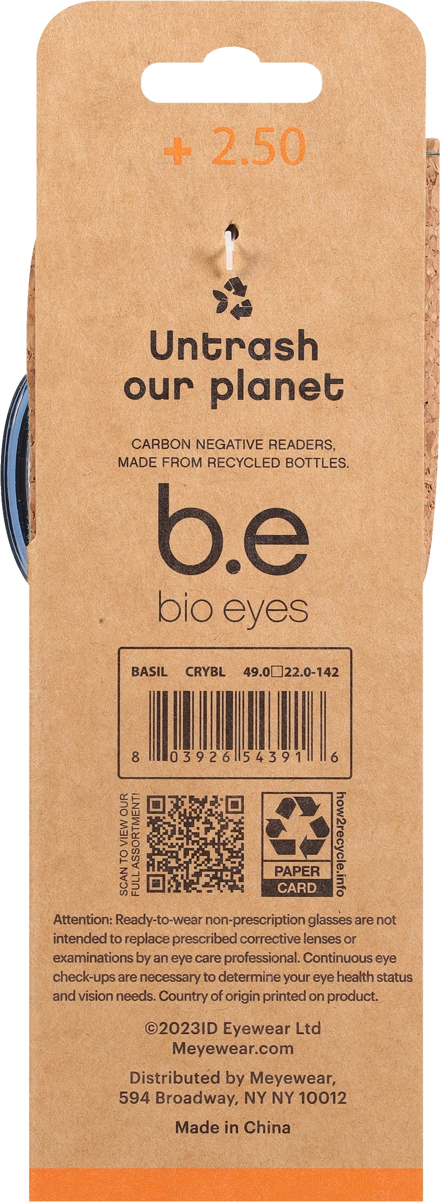 (2 pack) B.E Bio Eyes Unisex Round Reading Glasses Made from Recycled Plastic Basil +2.50 in Blue