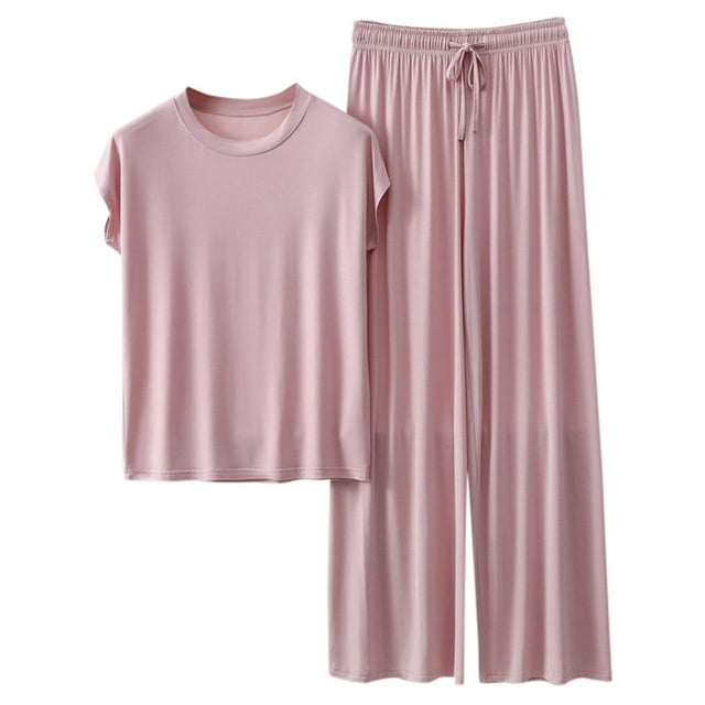 Women Homewear Solid Color Loose Pajamas Short Sleeve T Shirt Drawstring Wide Leg Pants Sleepwear 2 Piece Set