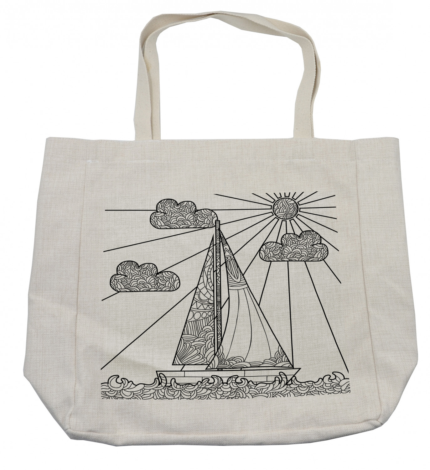 Nautical Shopping Bag, Doodle Boat Floating on Waves Ornate Rope ...