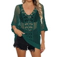 thumbnail image 3 of Tqyyweavej Womens Crochet Bathing Suits Coverups 3/4 Length Sleeve Solid Color Swimsuit Cover Up Loose Free Size Cover Ups for Swimwear Women, 3 of 7