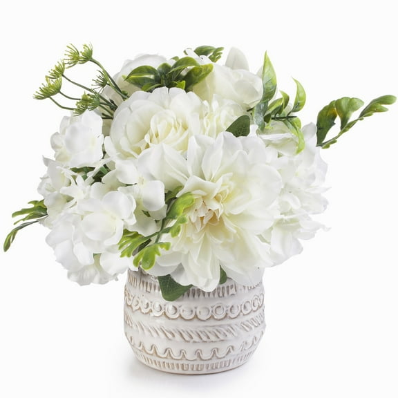 Enova Home Artificial Cream Hydrangea Rose and Peony Mixed Silk Flowers in Ceramic Vase