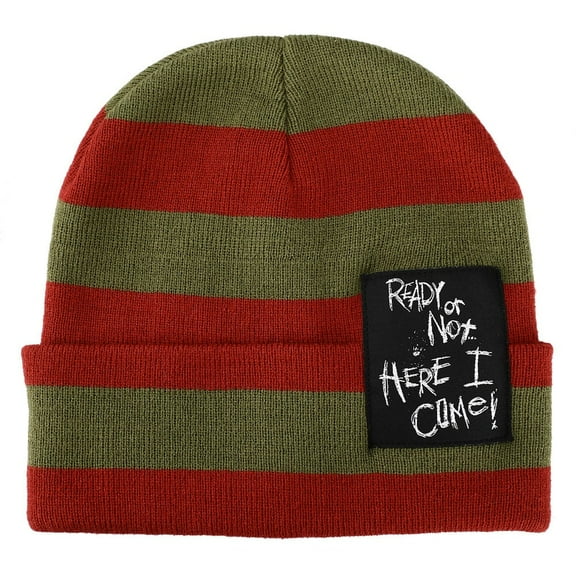Nightmare On Elm Street Ready Or Not Here I Come Woven Label Striped Cuffed Beanie