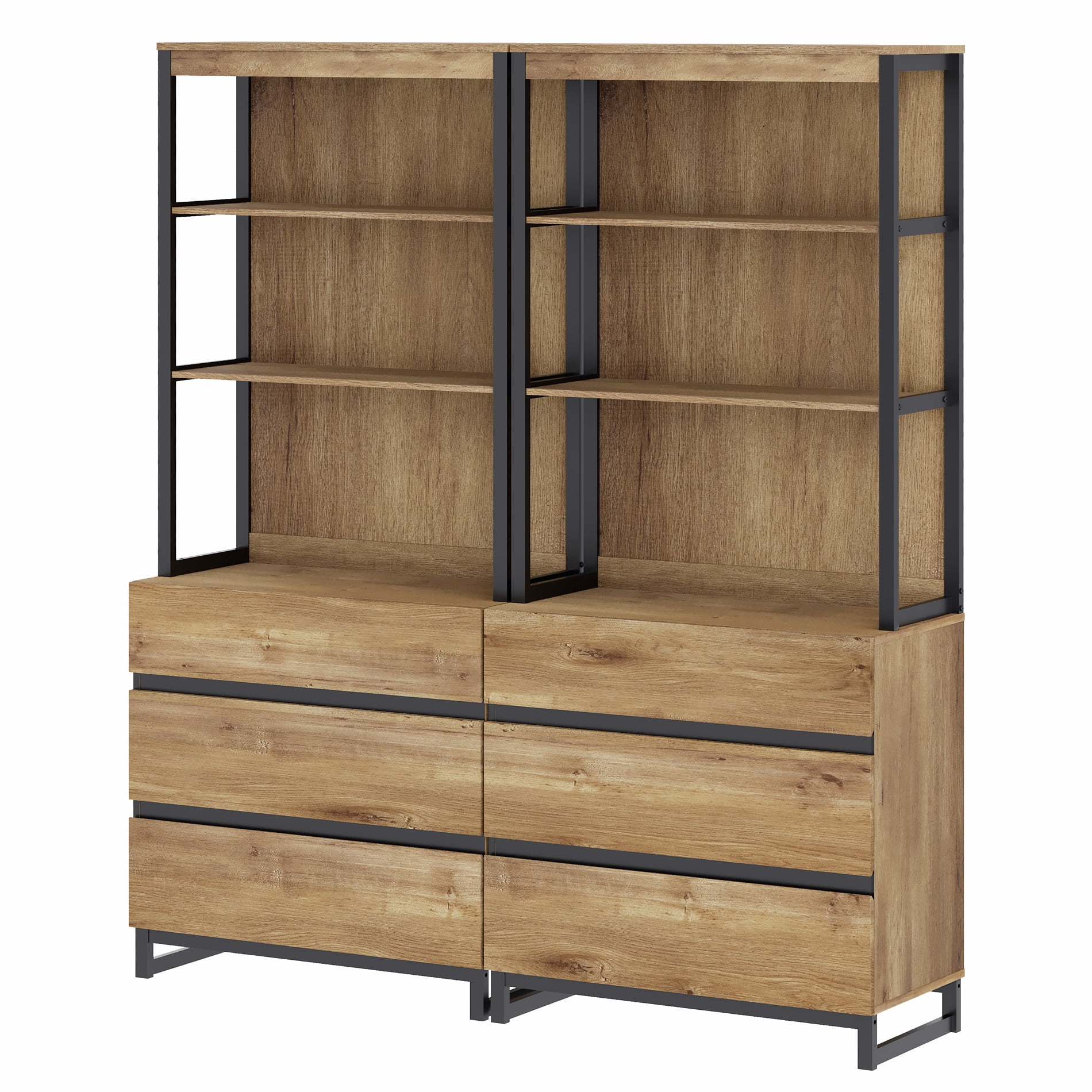 WAMPAT 2-Piece Modern 72" Tall Library Bookcases with 6 Drawers & Open Shelves, Wood Freestanding Bookshelves with Storage Cabinet & Metal Base for Home Office & Living Room, Oak