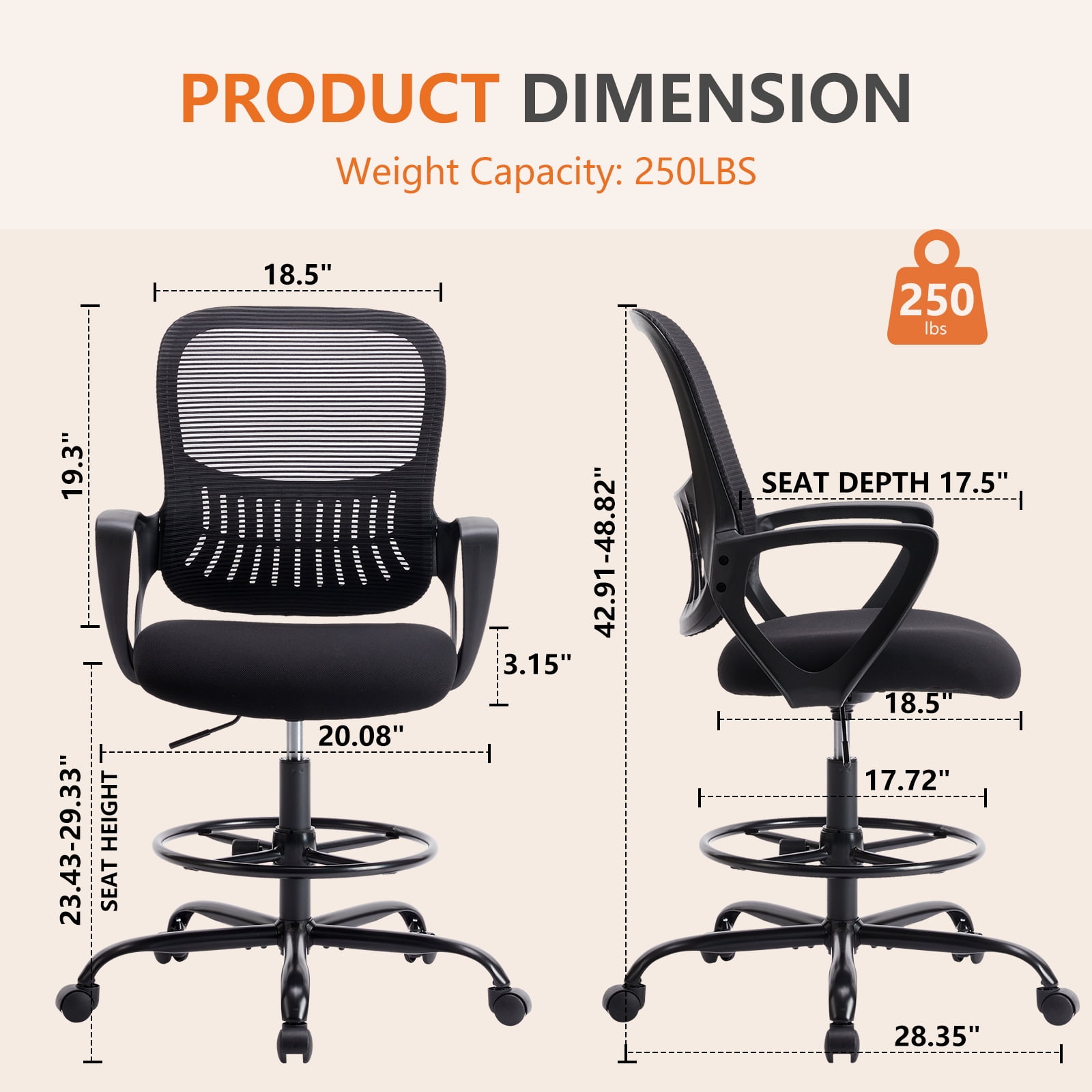 JONPONY Tall Drafting Office Chair,Desk Chair with Ergonomic Lumbar Support for Home, Office, Bedroom, for Adults,Black