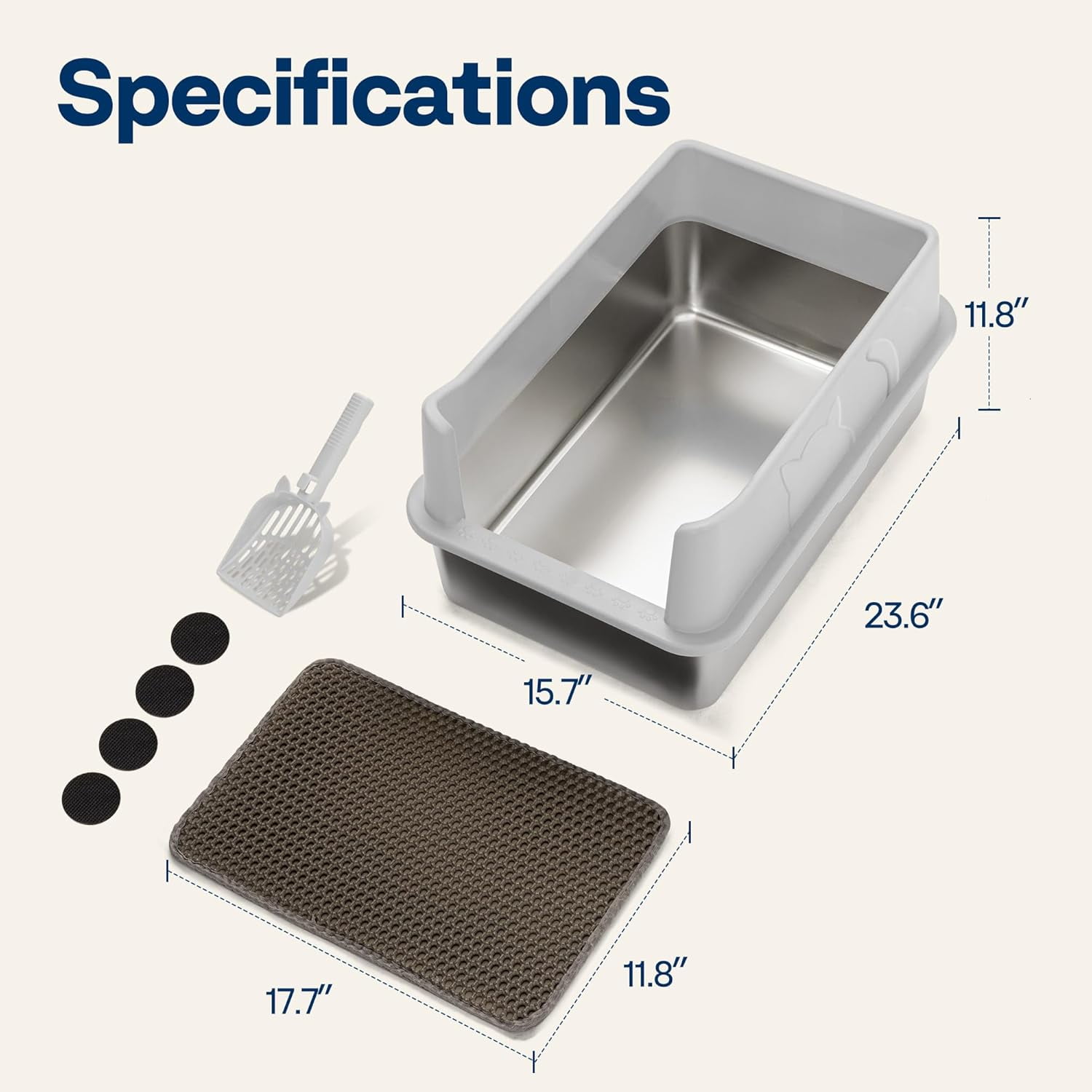 SPECSTAR Extra Large Stainless Steel Cat Litter Box, 23.6"x15.7" with Double Layer Litter Mat and Scoop, Light Gray