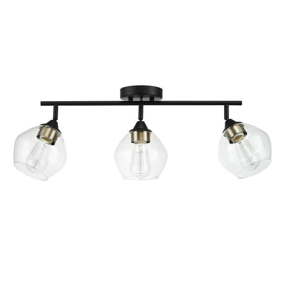 Globe Electric 3-Light Matte Black Track Lighting with Antique Brass Accents and Clear Glass Shades, Bulbs Included