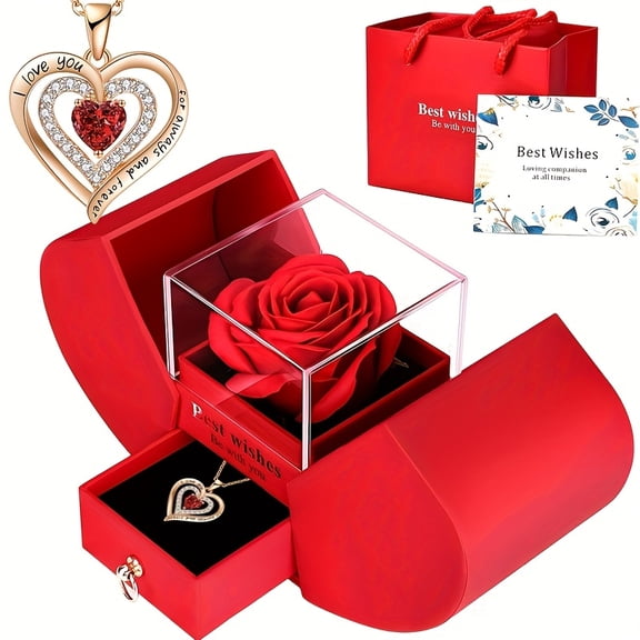 Preserved Real Rose,Eternal Flower Rose with Heart Necklace,Preserved Flowers Rose Gifts for Women, Girlfriend, Mom, Wife, Gifts Idea on Christmas,Valentine's Day, Mother's Day, Birthday, Anniversary