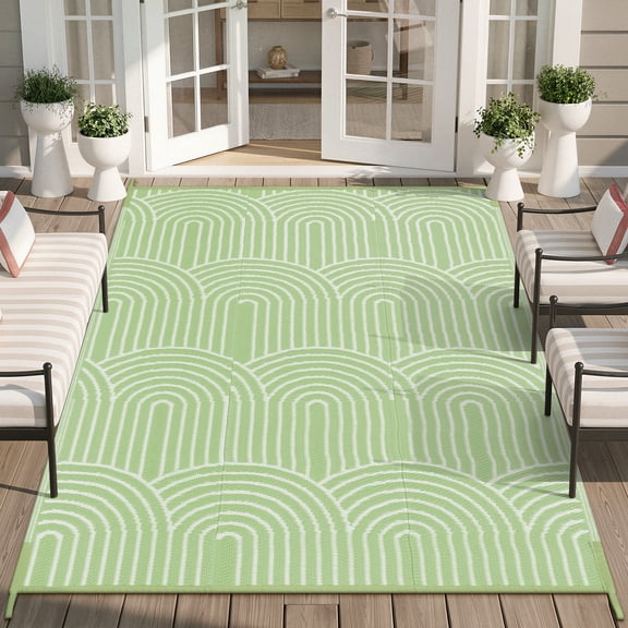 Lahome Decor 6’X9’ Rainbow Outdoor Rug for Patio,Beach Mats Waterproof, Camping Rug for Outside RV, Portable Plastic Straw Outdoor Area Rug for Backyard, Garden, Pool Deck,Green
