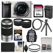 Angle View: Sony Alpha A6000 Wi-Fi Digital Camera + 16-50mm Lens (Silver) with 55-210mm Lens + 64GB Card + Case + Battery/Charger + Tripod + Kit