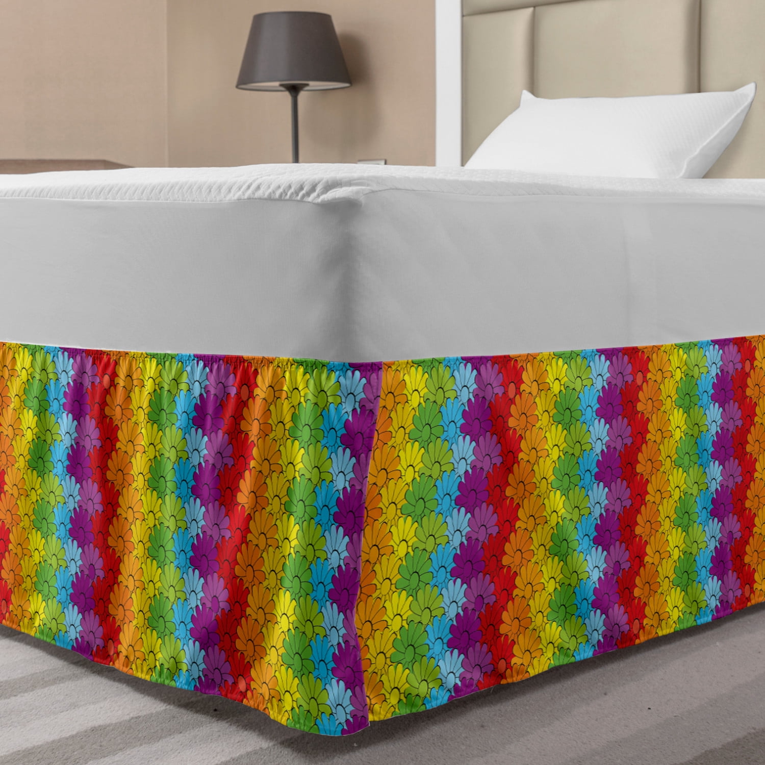 Floral Bed Skirt, Vibrant Flowers in Rainbow Colors Striped Repeating