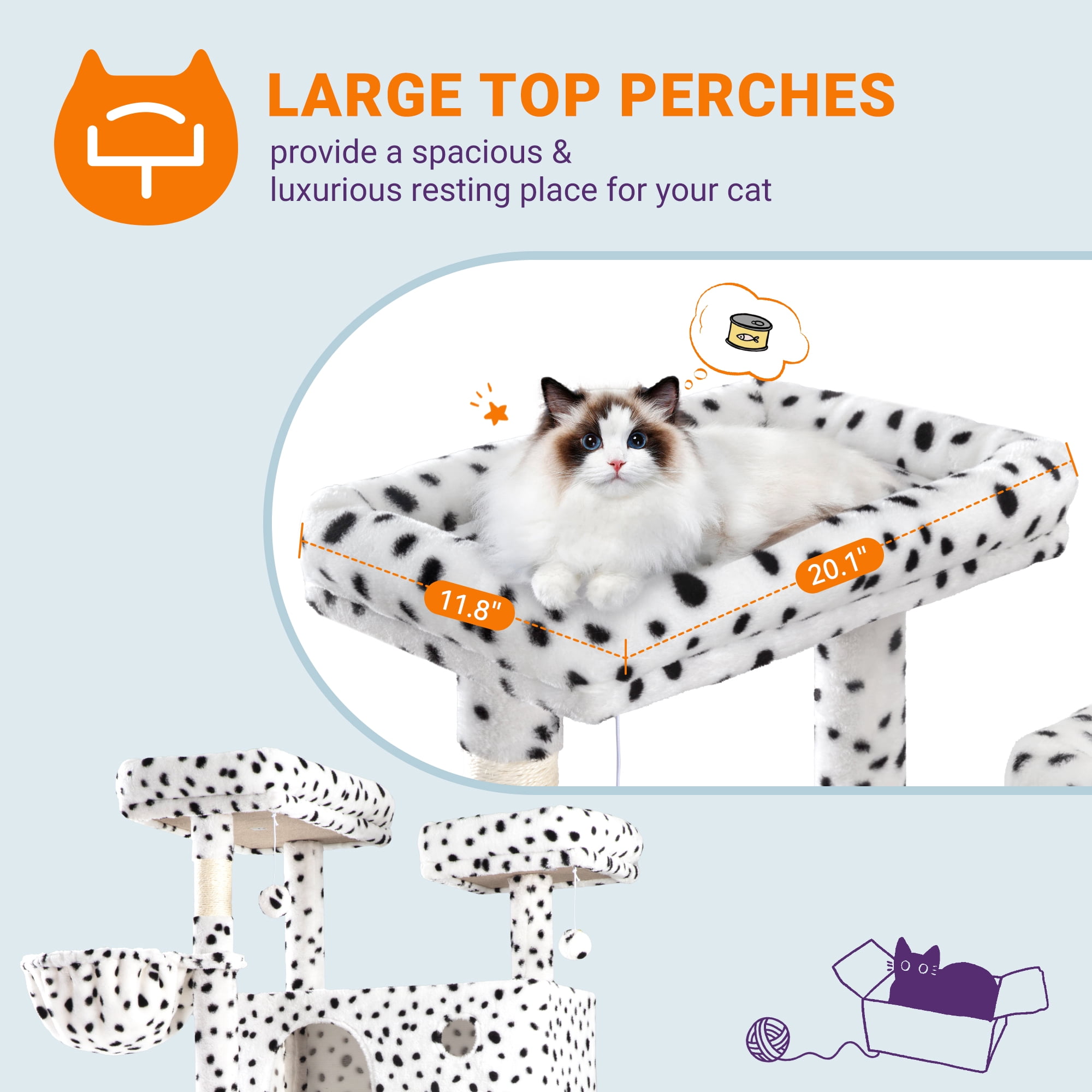 Allewie 81 Inches Multi-Level Tall Cat Tree for Large Cat, Cat Climbing Tree with Cat Condo and Hammock, Scratching Post, Wide Base, White/Black Spot