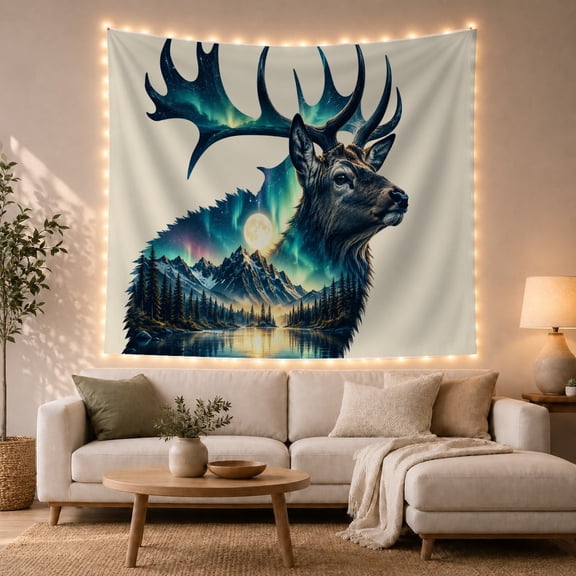 Elk in Mountain Landscape With Aurora and Moon, Mystical Fantasy for Wildlife Fans, Celestial Nature Decor, Birthday Gift, Tapestry Wall Hanging for Bedroom and Living Room
