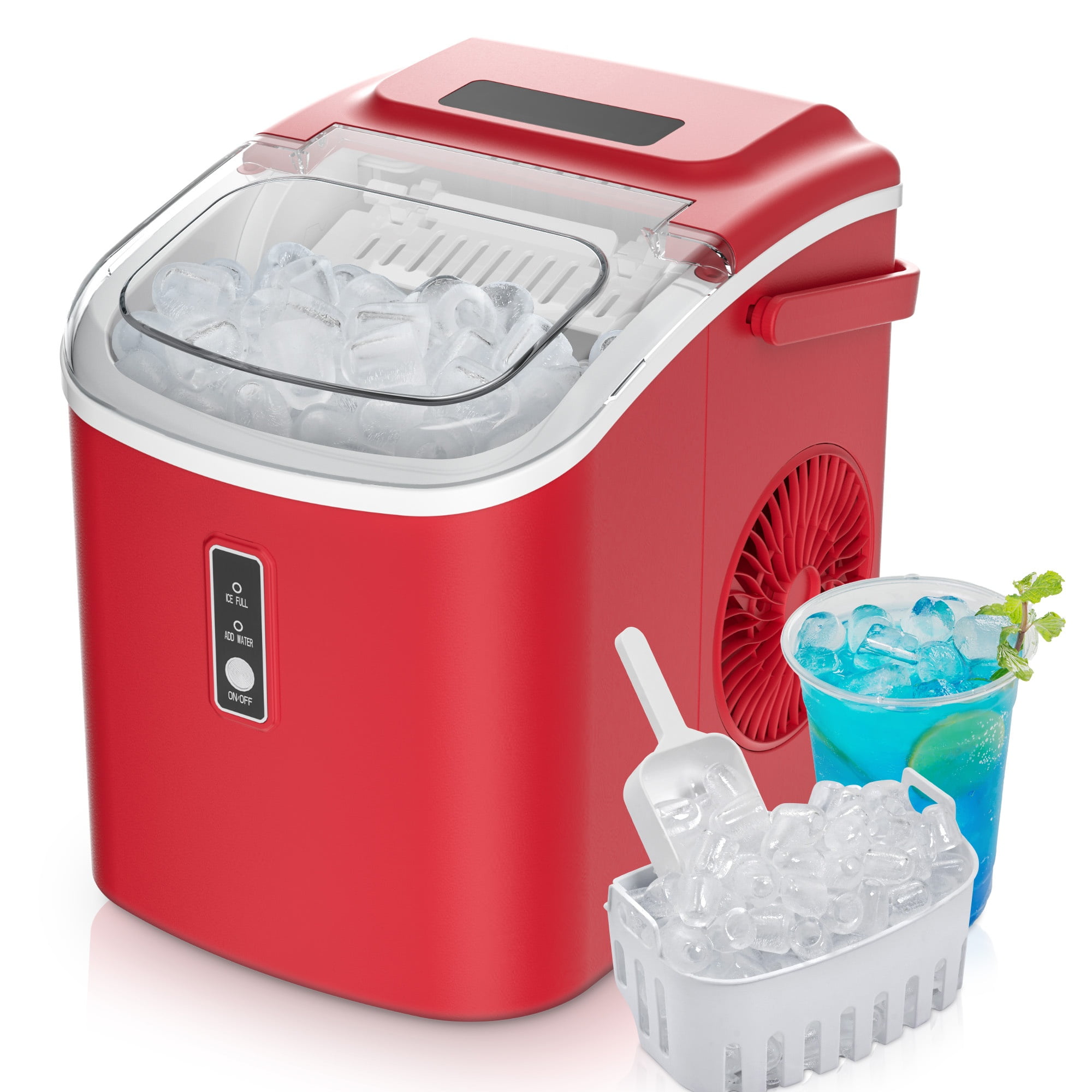 EUHOMY Countertop Ice Maker 26 lbs/Day Portable Self-Cleaning, 9 Bullet Ice in 6 Min, Red