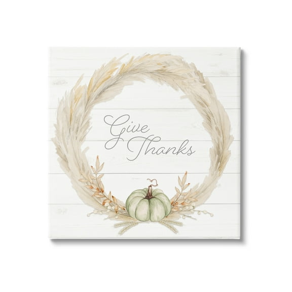 Give Thanks Phrase Country Wheat & Pumpkin Wreath Inspirational Graphic Art Gallery-Wrapped Canvas Print Wall Art