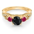 thumbnail image 2 of Gem Stone King 18K Yellow Gold Plated Silver Black Sapphire Red Ruby and White Moissanite Engagement Ring for Women (1.73 Cttw, Gemstone September Birthstone, Round 6MM and 3MM, Size 5), 2 of 4