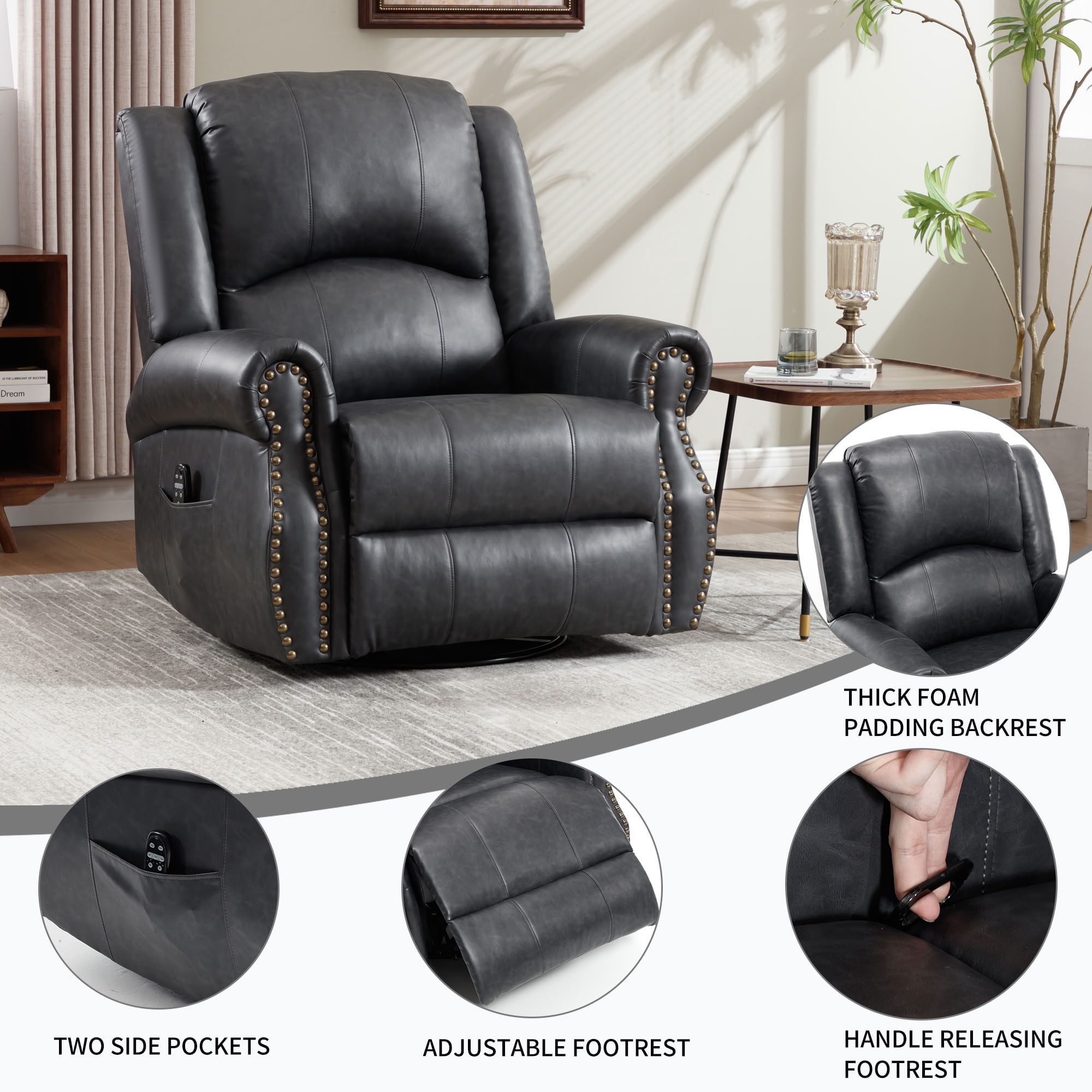 MAYEERTY 360 Degree Swivel Rocker Recliner Chair, Leather Manual Recline Glider Armchair with 8-Point Vibration Massage & Lumbar Heat, 350 LBS Capacity for Living Room Home Theater