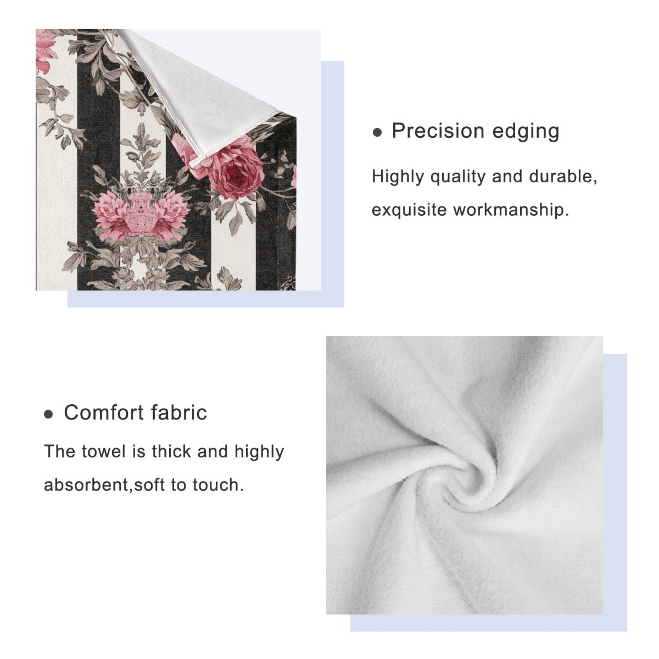 BZSMCE 3piece Bath Towel Sets Hand Bath Towels Fashion Black White Stripes Pink Roses Printed Towel Sets