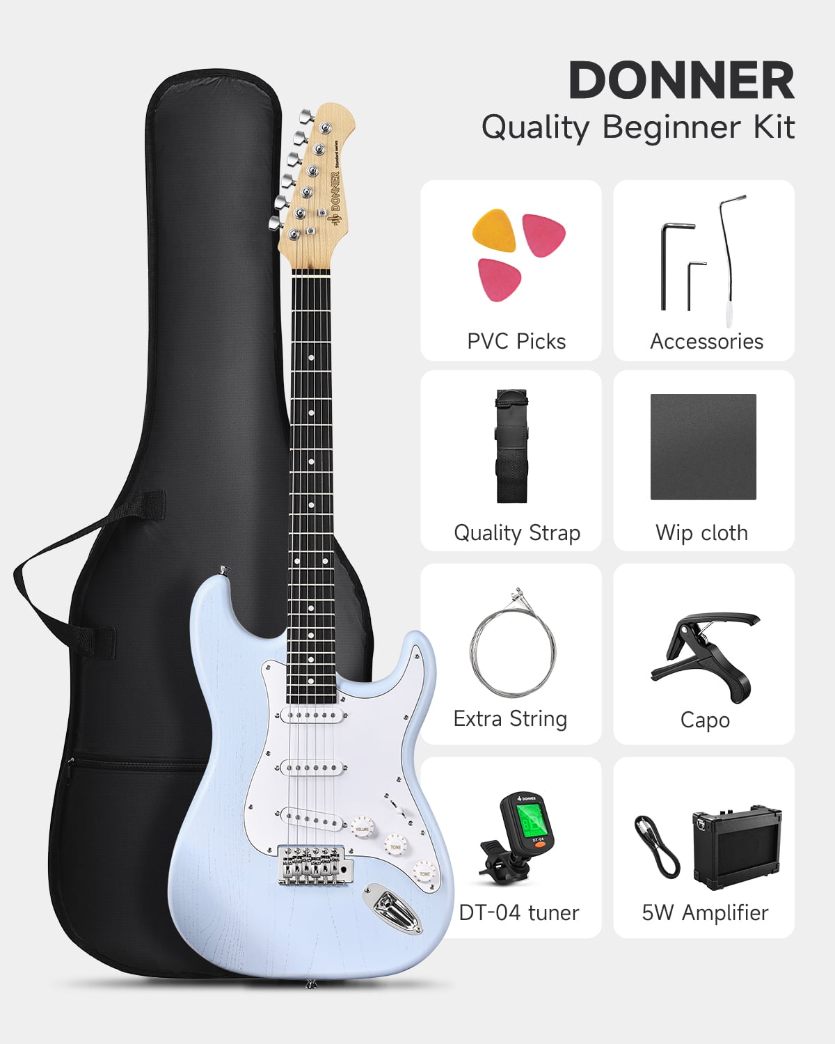 Donner 39" Full Size Electric Guitar with Amp, Solid Wood Beginner Starter Kit, Blue