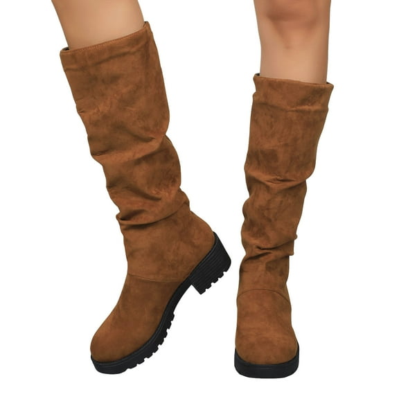 Leopard Print Knee High Boots Women Casual Slouchy Suede Round Toe Lug Sole Pull on Fall Winter Tall Booties