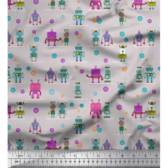 Soimoi Japan Crepe Satin Fabric Cartoon Machine & Gear Parts Hardware Fabric Prints by Yard 42 Inch Wide