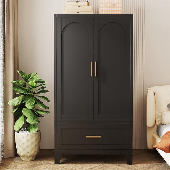 Spaco 60" Tall Metal Wardrobe Cabinet with 1 Drawer & Hanging Rod, 2-Door Storage Closet with Shelves for Bedroom, Office, Laundry, Entryway, Black