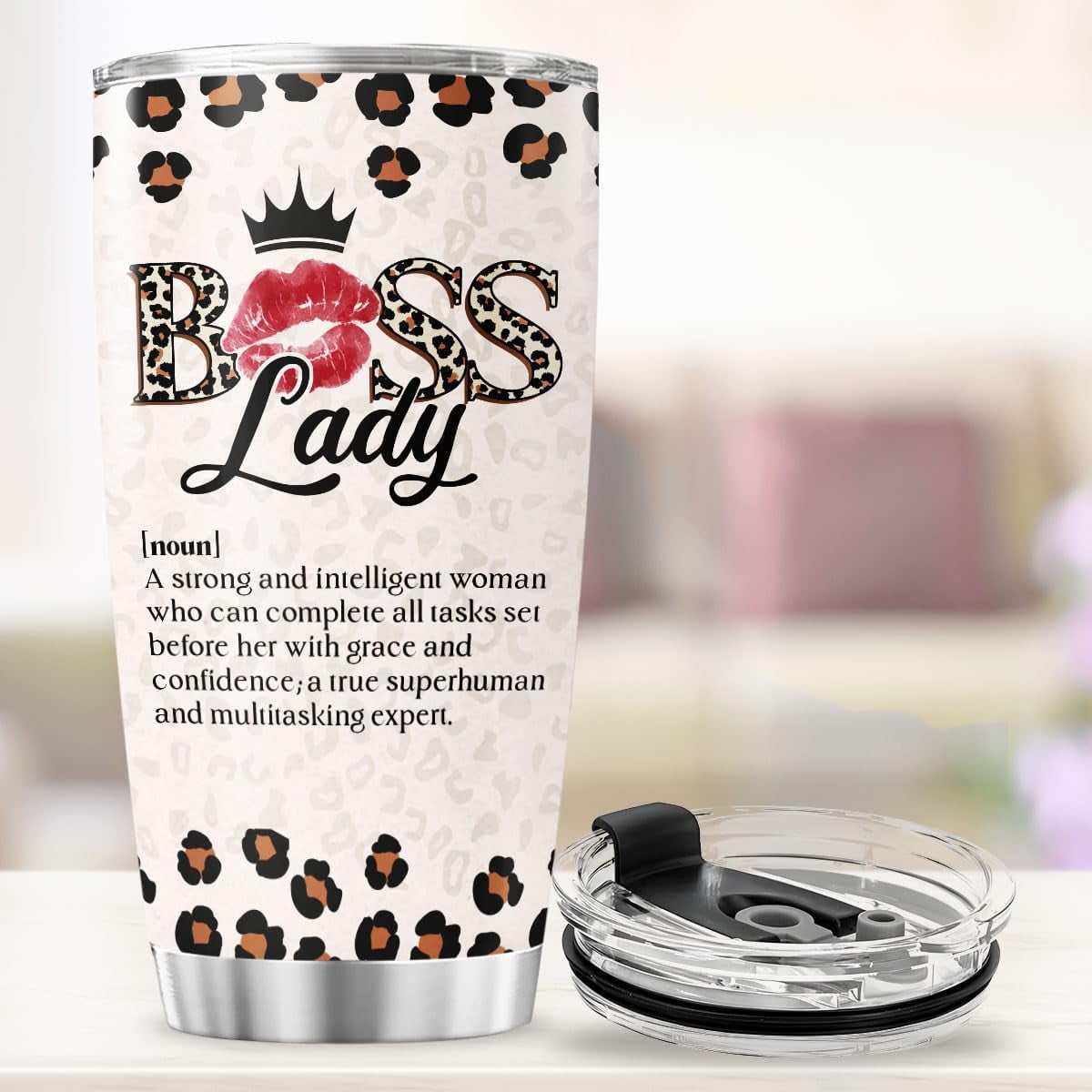 Boss Lady Definition Cup for Women, Leopard Print Lips Crown Design 20oz Stainless Steel Coffee Tumbler, Inspirational Gift for Female Leaders, Coworkers, Friends