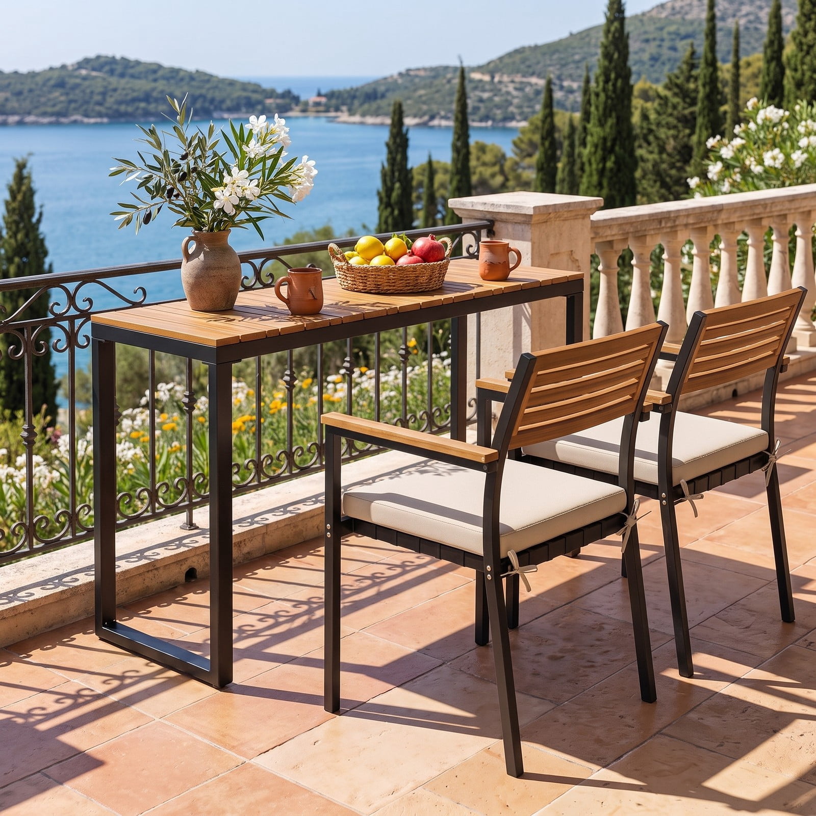 Furnibear Outdoor Rectangle Console Table with Slatted Acacia Wood Tabletop and Metal Frame for Patio and Living Room, Natural